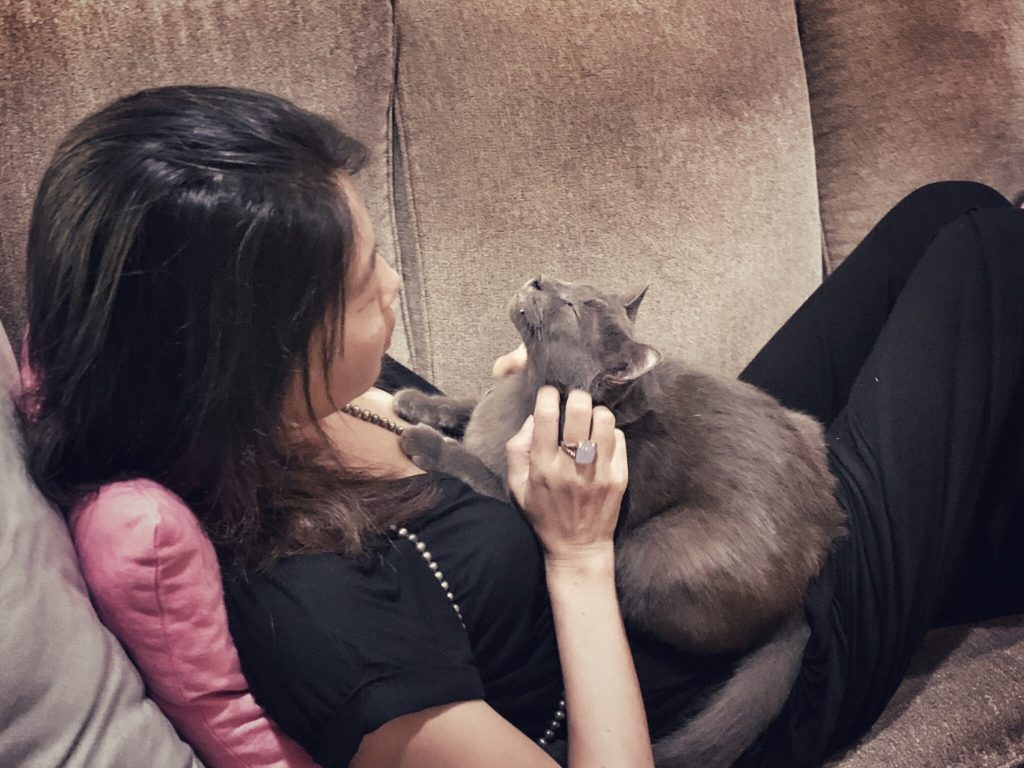 猫とくつろぐ女性